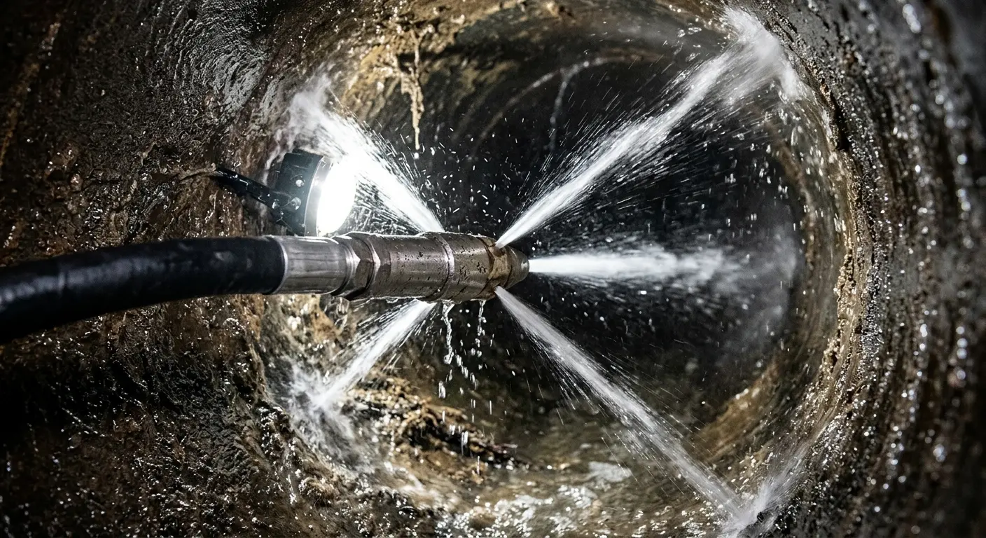High-pressure hydro jetting nozzle cleaning sewer pipe for Sewer Cleanout in New Braunfels