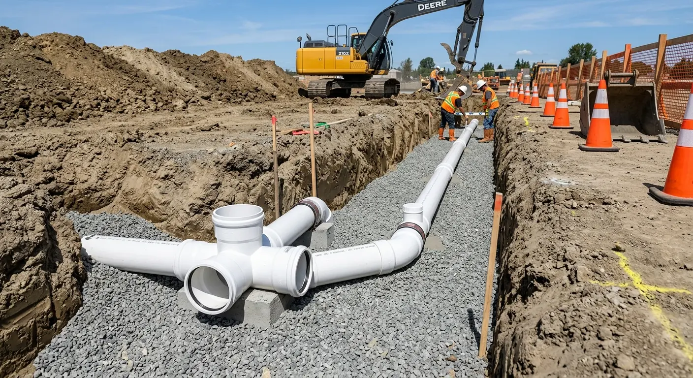 New PVC sewer pipe installation in open trench for Sewer Backup in New Braunfels